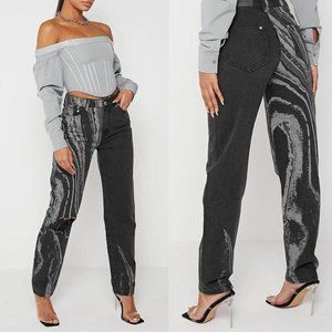 Maniere De Voir Washed Black Marble Print Mom Jeans Size UK 14